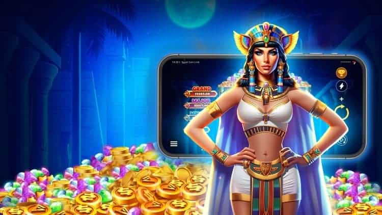 The title character of the game Coin Link: Running Wins 3x3, a richly dressed Egyptian princess, is standing in front of a mobile phone screen showing the game and a pile of $ coins and diamonds.