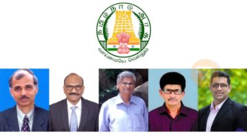 The emblem of the State of Tamil Nadu and images of the chairman and four members of the Tamil Nadu Online Gaming Authority.