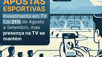 ilustração de um jogador apostando pelo celular, com dados da pesquisa Tunad sobre o investimento publicitário de cassinos na TV.