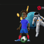 ilustração de um jogador de futebol ao lado de um astronauta e a logo da provedora Smartsoft Gaming.