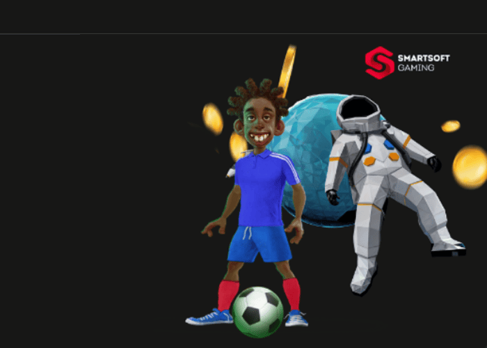 ilustração de um jogador de futebol ao lado de um astronauta e a logo da provedora Smartsoft Gaming.