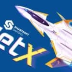 The JetX in-game plane flies among stars and the Smartsoft Gaming and JetX logos.