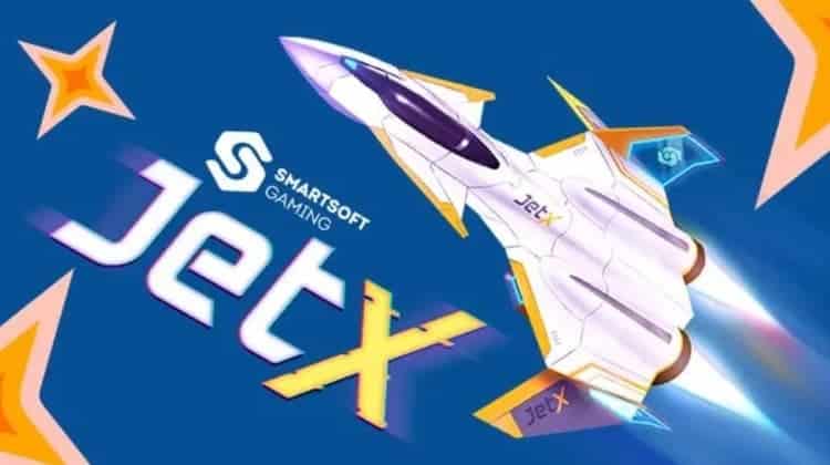 The JetX in-game plane flies among stars and the Smartsoft Gaming and JetX logos.