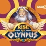 The Zeus in-game character is shown above the Rise of Olympus slot emblem and next to the Play'n Go logo.