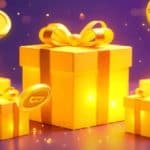 A collection of shiny gift boxes, a few golden chips, and a sign reading "1000€ win."