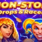 An Egyptian princess and a clown are smiling under the words "Non-Stop Drops & Races."