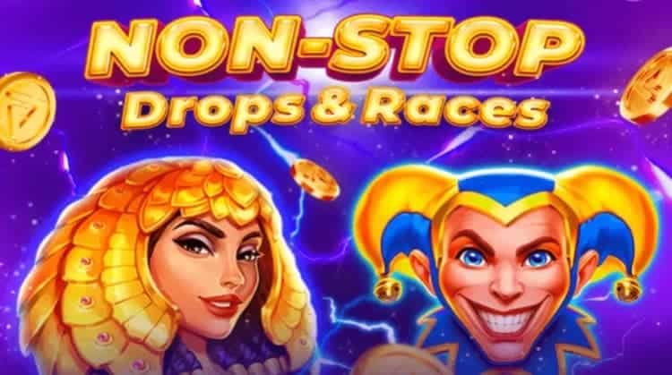 An Egyptian princess and a clown are smiling under the words "Non-Stop Drops & Races."