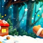 A merry gingerbread character greets us around a gingerbread house and a few presents in a snowy forest setting.