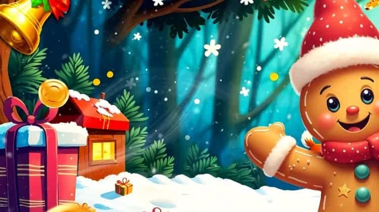 A merry gingerbread character greets us around a gingerbread house and a few presents in a snowy forest setting.