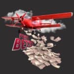 The red plane character of the Aviator game flies in front of a cloud and sprays banknotes and a sign "Free Bets."