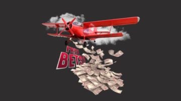 The red plane character of the Aviator game flies in front of a cloud and sprays banknotes and a sign "Free Bets."