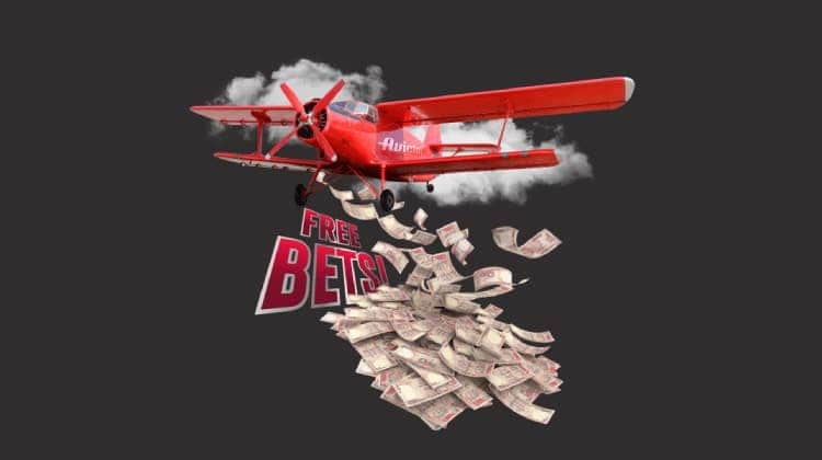 The red plane character of the Aviator game flies in front of a cloud and sprays banknotes and a sign "Free Bets."