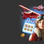 An aviator with pilot goggles stands next to the Aviator in-game plane, the game's logo, and a few golden coins.