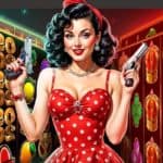 A pin-up girl holds two pistols and smiles, surrounded by slot grids and symbols.