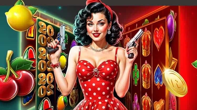 A pin-up girl holds two pistols and smiles, surrounded by slot grids and symbols.