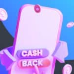 A phone screen shows a "Cashback" button. Two circling arrows surround the phone, and a few $ sign chips fly in the air.