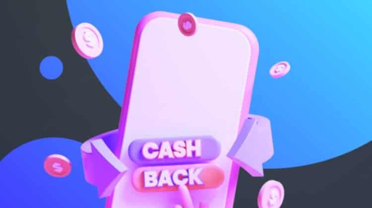 A phone screen shows a "Cashback" button. Two circling arrows surround the phone, and a few $ sign chips fly in the air.