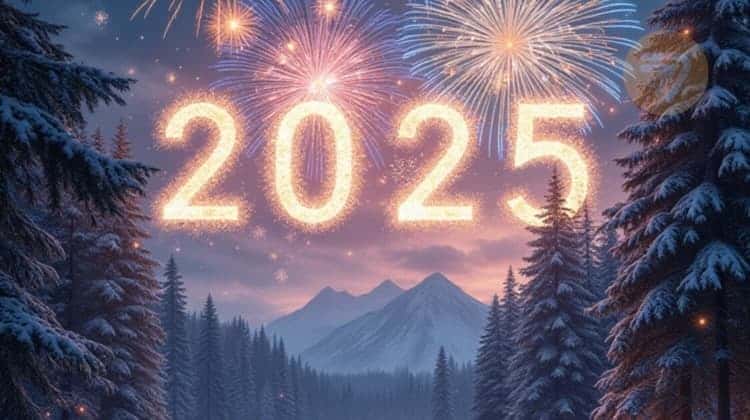 Fireworks and a sign "2025" in the night sky above a snowy mountain and a winter forest.