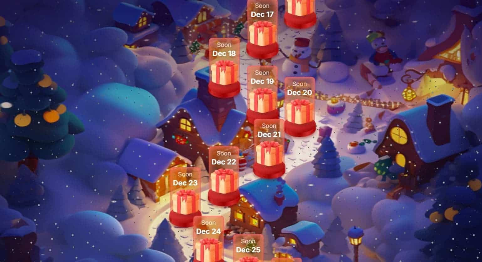 Calendar dates between Dec 17 and Dec 25 over gift boxes against a snowy winter night background.