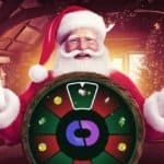 Santa smiles from behind a money wheel with prizes. The Casino Days logo is in the middle of the wheel.