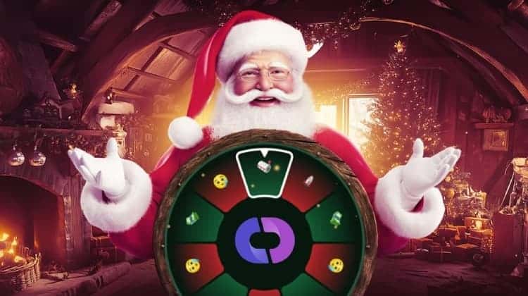 Santa smiles from behind a money wheel with prizes. The Casino Days logo is in the middle of the wheel.