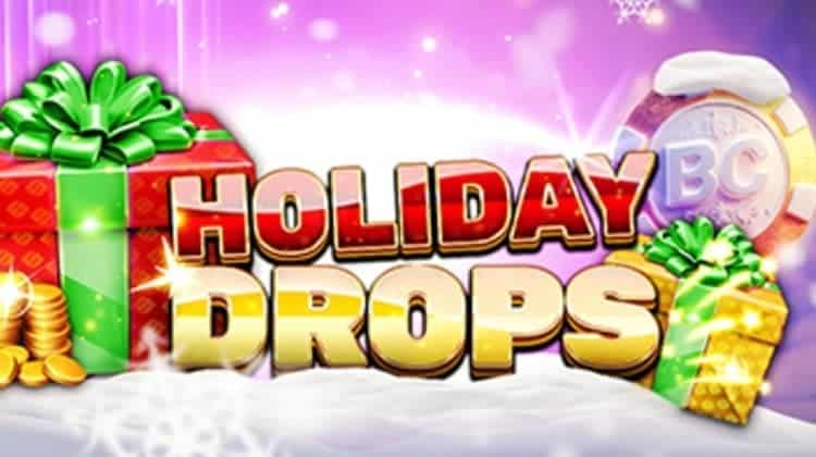 The words "Holiday Drops" next to gift boxes, golden coins, and a casino chip.