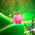 The pink porcelain Piggy Bank in-game character around a sugary Christmas setting with lots of gold.