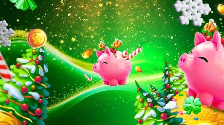 The pink porcelain Piggy Bank in-game character around a sugary Christmas setting with lots of gold.