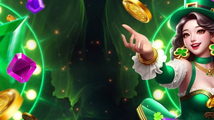 A smiling girl in Irish-themed attire with four-leafed clover earrings gives away golden coins and shiny gems.