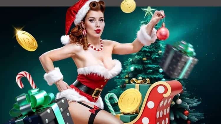 A pin-up Snow White lady stands on Santa's sleigh around presents, golden chips, and a Christmas tree.