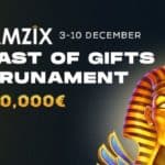 An ancient Egyptian pharaoh's golden mask and words reading "Gamzix Feast of Gifts Tournament 3-10 December 40,000€."