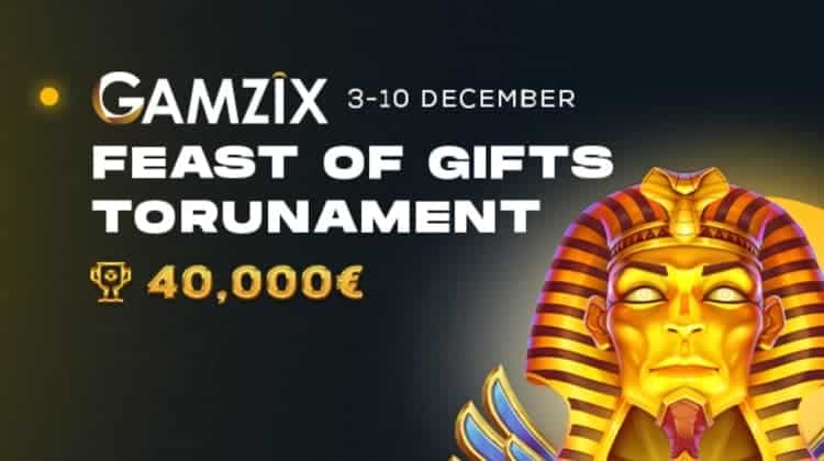 An ancient Egyptian pharaoh's golden mask and words reading "Gamzix Feast of Gifts Tournament 3-10 December 40,000€."