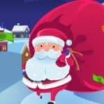 An animated Santa Claus carries a huge red sack around houses in the snow. Dollar bills fly away from the sack.