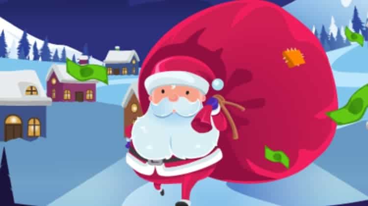 An animated Santa Claus carries a huge red sack around houses in the snow. Dollar bills fly away from the sack.