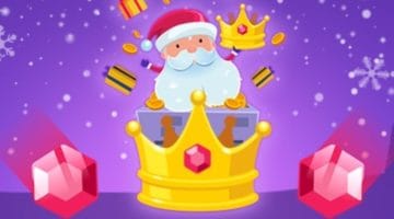 Santa triumphs, surrounded by golden crowns, rubies, and presents.