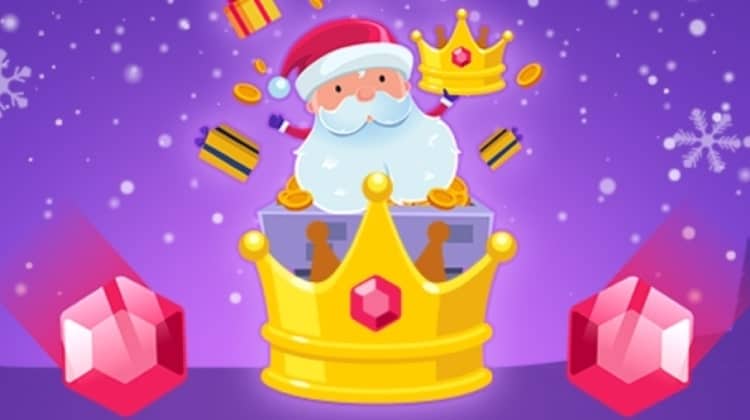 Santa triumphs, surrounded by golden crowns, rubies, and presents.