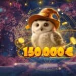 An owl with a hat sits next to a "150 000 €" sign in a winter's night forest.