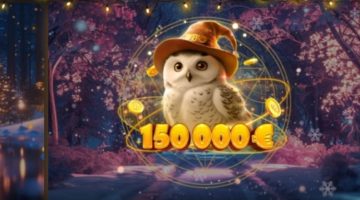 An owl with a hat sits next to a "150 000 €" sign in a winter's night forest.