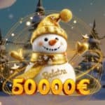 A snowman with a "Belatra" inscription on their chest smiles from behind a sign reading "50 000 €."