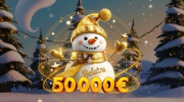 A snowman with a "Belatra" inscription on their chest smiles from behind a sign reading "50 000 €."