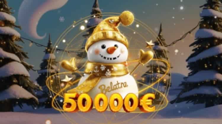 A snowman with a "Belatra" inscription on their chest smiles from behind a sign reading "50 000 €."