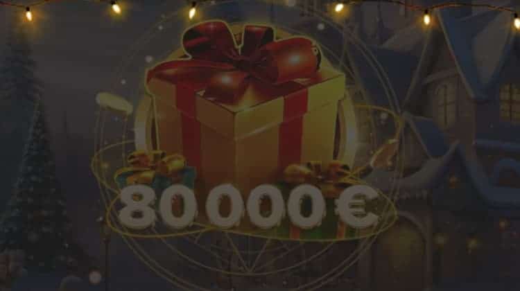 Three gift boxes and a sign reading "80 000 €" in a Christmas lamp-lit winter's night setting.