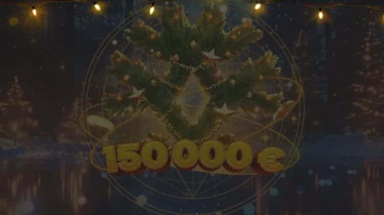 A decorated Christmas tree in a sphere and a sign reading "150 000 €" under holiday lamps at night.