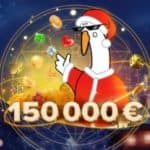 A cartoon character dressed as Santa throws away golden coins, gems, hearts, and dice above a sign reading "150 000 €.”