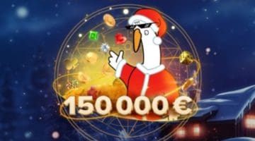 A cartoon character dressed as Santa throws away golden coins, gems, hearts, and dice above a sign reading "150 000 €.”