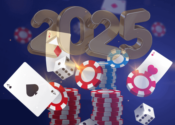 ilustrações de cartas, dados e fichas de cassino com o número de 2025.